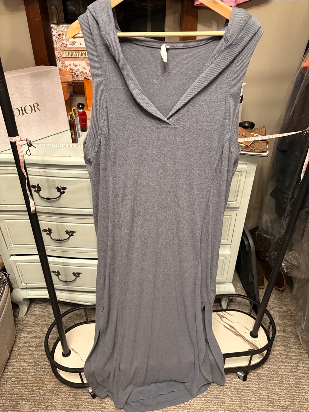 Sleeveless Hooded Maxi Dress in Dusty Blue
